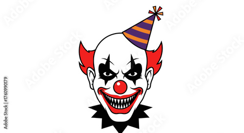 Creepy Clown Face with Party Hat and Sharp Teeth.