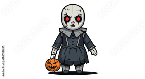 Creepy Doll with Pumpkin Bucket for Halloween Trick-or-Treating.