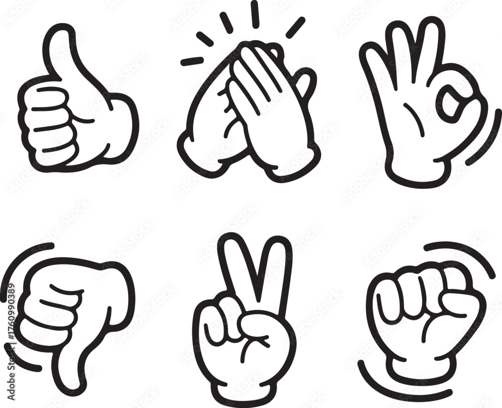 Fototapeta premium Gesture Icon Set Line Art Doodle Cartoon Style, Communication Body Language Concept