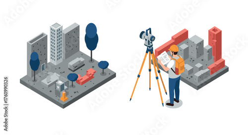 Surveying technician analyzing urban plan with theodolite in isometric style