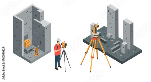 Surveyor using equipment in isometric construction site