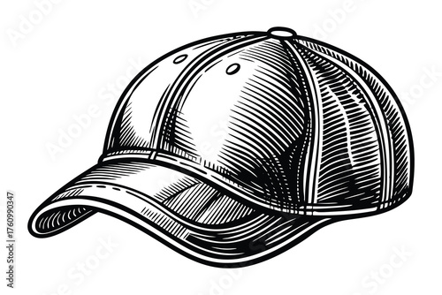 Elegant black-and-white line-drawn baseball cap illustration featuring mesh back and curved brim, exuding classic sportswear style for branding or editorial use.