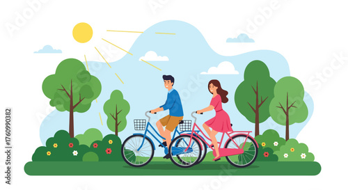 A flat style vector showing a romantic couple joyfully riding bicycles in a sunny park surrounded by nature and flowers, symbolizing healthy lifestyle, love, and outdoor happiness
