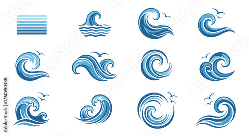 Stylized blue waves and birds are depicted in a collection of twelve various shapes and sizes,.