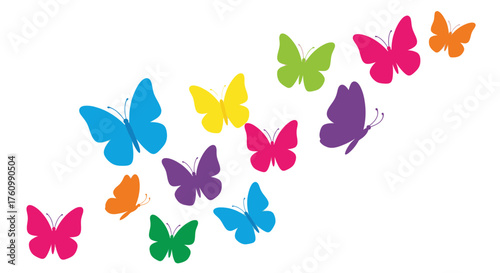 A vibrant array of colorful butterfly silhouettes are scattered across a clean white surface,.