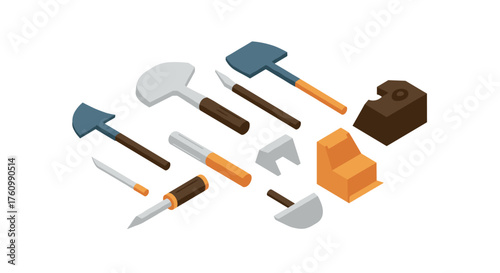 Isometric tools set: axe, chisel, knife, anvil, woodwork essentials