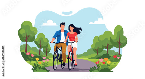 A flat style vector showing a romantic couple joyfully riding bicycles in a sunny park surrounded by nature and flowers, symbolizing healthy lifestyle, love, and outdoor happiness
