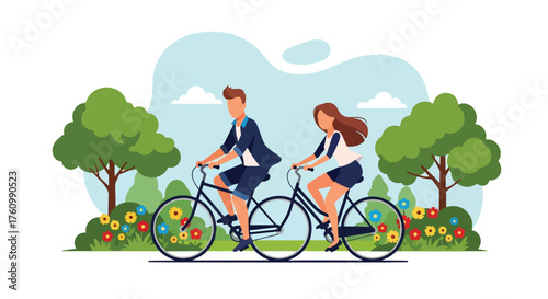 A flat style vector showing a romantic couple joyfully riding bicycles in a sunny park surrounded by nature and flowers, symbolizing healthy lifestyle, love, and outdoor happiness