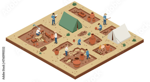 Isometric archaeological dig site with researchers unearthing ancient artifacts