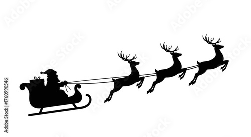 Santa Claus is flying in his sleigh pulled by reindeers to deliver gifts on Christmas Eve.
