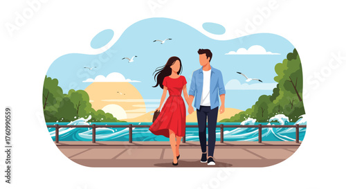 A romantic flat vector of a couple holding hands walking by the sea at sunset, ocean waves and sky behind them, representing love, peace, and togetherness