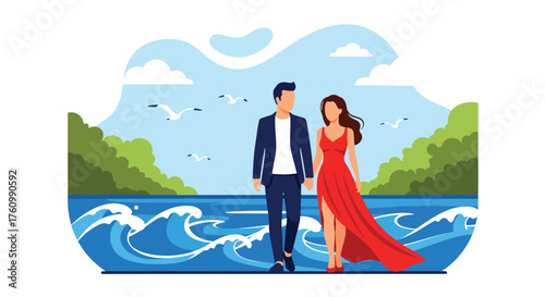 A romantic flat vector of a couple holding hands walking by the sea at sunset, ocean waves and sky behind them, representing love, peace, and togetherness