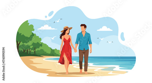 A romantic flat vector of a couple holding hands walking by the sea at sunset, ocean waves and sky behind them, representing love, peace, and togetherness