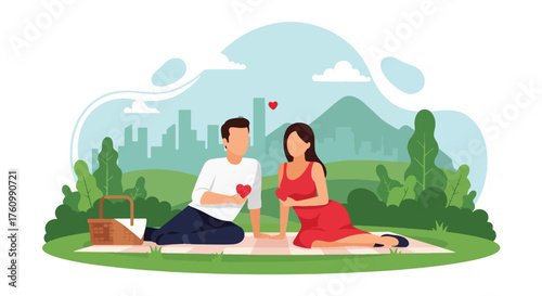 A flat vector illustration of a romantic couple enjoying picnic outdoors with food, joyful lifestyle scene in vivid solid colors