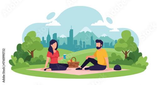 A flat vector illustration of a romantic couple enjoying picnic outdoors with food, joyful lifestyle scene in vivid solid colors