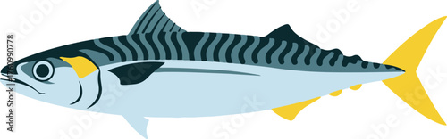 Atlantic Mackerel with dark stripes and yellow tail fins, realistic flat style vector illustration