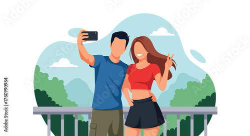 A flat vector illustration of romantic couple taking selfie on mountain top under blue sky, representing adventure, travel, and togetherness