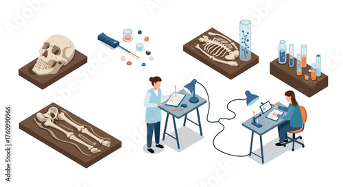 Isometric forensic laboratory scene with scientists analyzing skeletons and chemicals