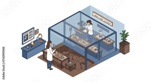 Isometric archaeological lab with researchers analyzing ancient artifacts