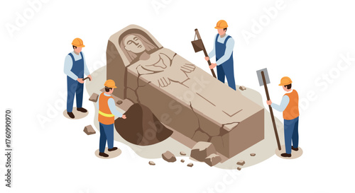 Archeologists restoring ancient statue with careful precision in isometric design