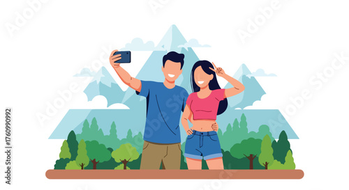 A flat vector illustration of romantic couple taking selfie on mountain top under blue sky, representing adventure, travel, and togetherness