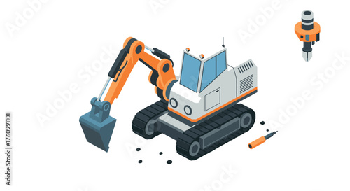 Isometric construction excavator with interchangeable drill attachment and scoop