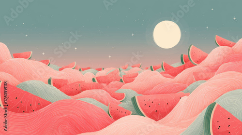 Dreamlike surreal landscape of stylized watermelon hills under moonlight and stars, vibrant pastel vector for creative summer and food designs.