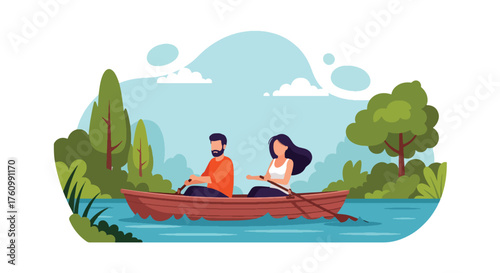 A calm flat vector showing romantic couple rowing boat on serene lake surrounded by trees, peaceful outdoor love and leisure theme