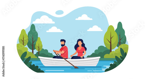 A calm flat vector showing romantic couple rowing boat on serene lake surrounded by trees, peaceful outdoor love and leisure theme