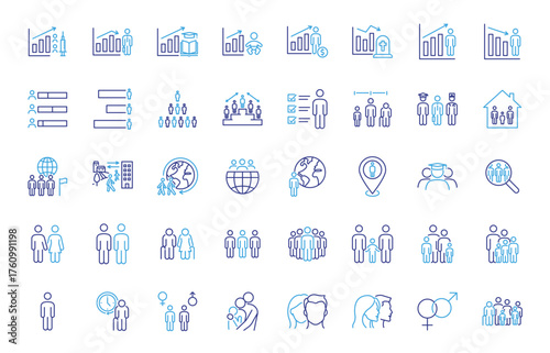 Demographics and population icon set. Thin line editable stroke icons for statistics, census, family, diversity, gender, education, employment, migration, and social research.