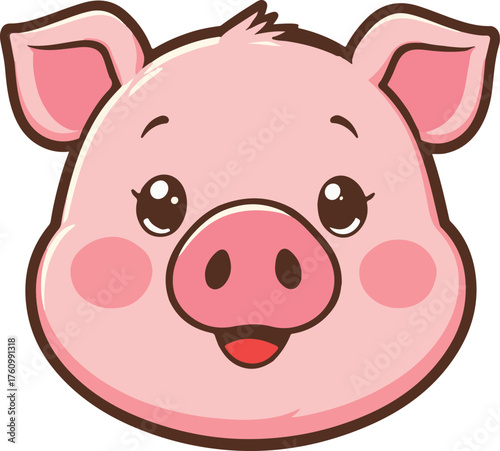 Cute, smiling pink baby pig head with rosy cheeks, adorable cartoon mascot vector illustration