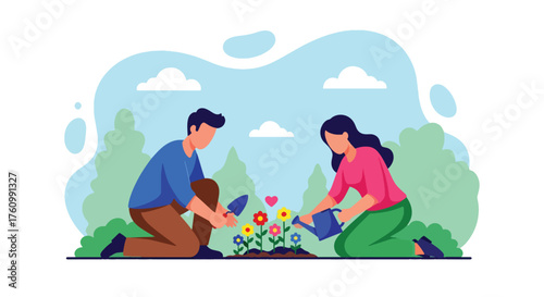 A flat vector illustration of romantic couple planting flowers together in backyard garden, symbolizing teamwork, care, and love for nature