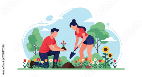 A flat vector illustration of romantic couple planting flowers together in backyard garden, symbolizing teamwork, care, and love for nature