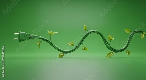 Green Extension Cord with Growing Plant Leaves on Green Background