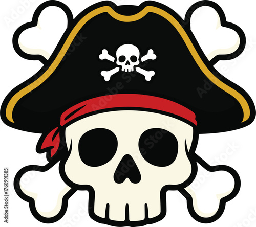 Pirate skull and crossbones wearing a bicorne hat and bandana, bold cartoon emblem vector illustration