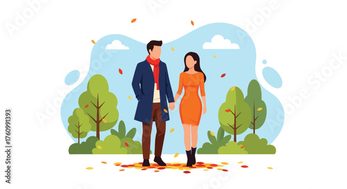 A flat vector of a romantic couple strolling in an autumn park under colorful falling leaves, cozy and warm love moment