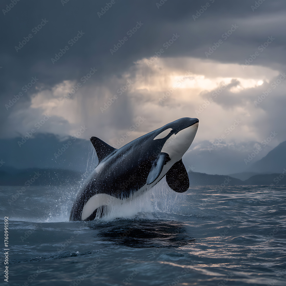 Fototapeta premium A killer whale emerges from the water under a stormy sky with thick clouds