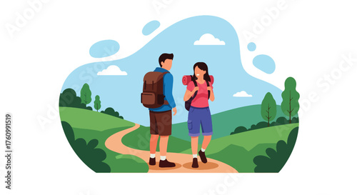 A flat style vector of couple hiking together on mountain path surrounded by green hills and clear blue sky, outdoor adventure theme