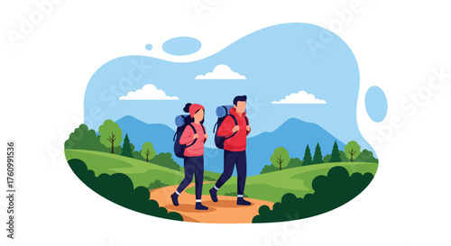 A flat style vector of couple hiking together on mountain path surrounded by green hills and clear blue sky, outdoor adventure theme