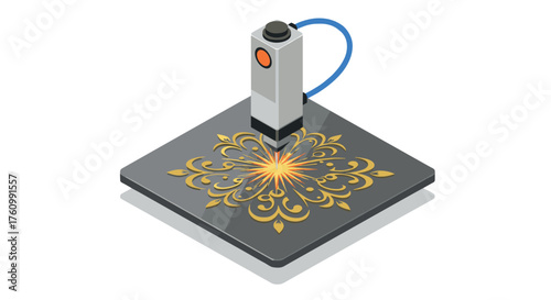 Isometric laser engraving machine creating detailed ornament design