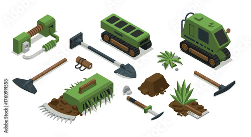Isometric construction equipment and tools set with green machines and gardening tools