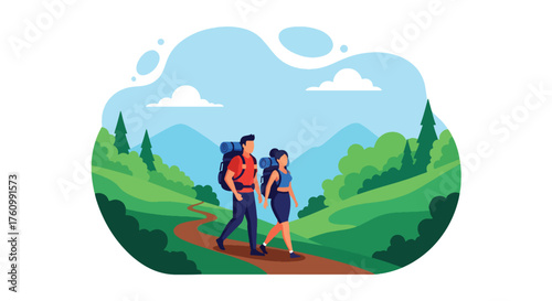 A flat style vector of couple hiking together on mountain path surrounded by green hills and clear blue sky, outdoor adventure theme