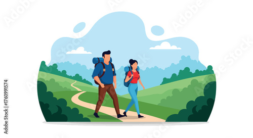 A flat style vector of couple hiking together on mountain path surrounded by green hills and clear blue sky, outdoor adventure theme