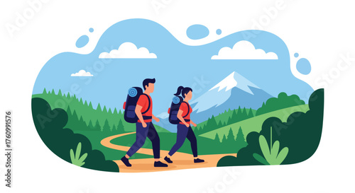 A flat style vector of couple hiking together on mountain path surrounded by green hills and clear blue sky, outdoor adventure theme