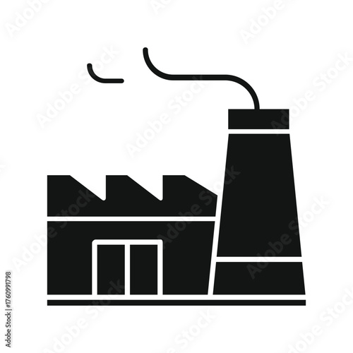 Simple black silhouette icon of a factory building with a tall smokestack emitting smoke representing industry and manufacturing