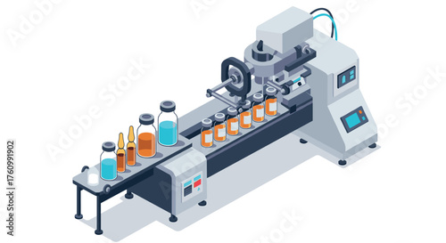 Industrial automation: isometric pharmaceutical production line with medicine bottles