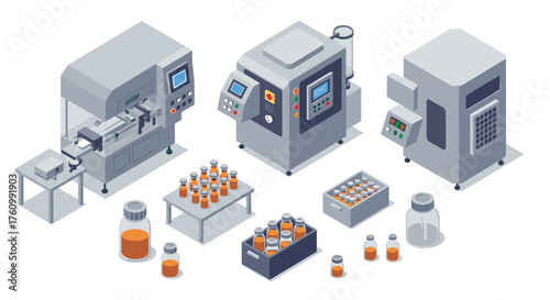 Isometric factory machines with bottles and jars for beverage processing in modern industrial setting