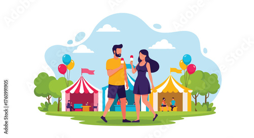 A joyful flat vector of romantic couple sharing ice cream at lively summer fair with colorful balloons, symbolizing happiness and love
