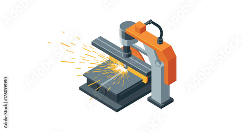 Industrial 3d isometric graphic of laser cutting machine with sparks