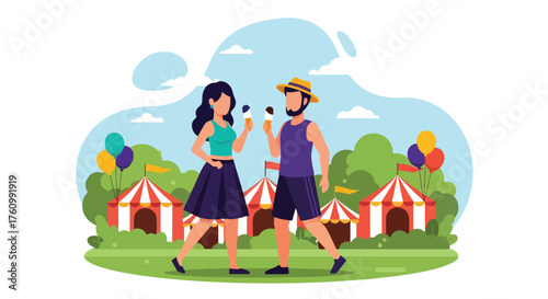 A joyful flat vector of romantic couple sharing ice cream at lively summer fair with colorful balloons, symbolizing happiness and love